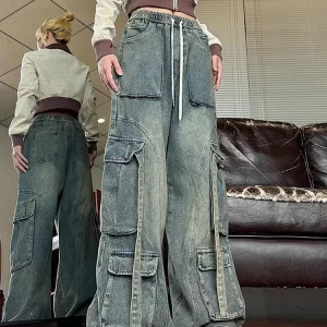 Y2K Aesthetic Vintage Hip-Pop Baggy Wide Leg Cargo Denim Pants - Japanese Fashion Jeans