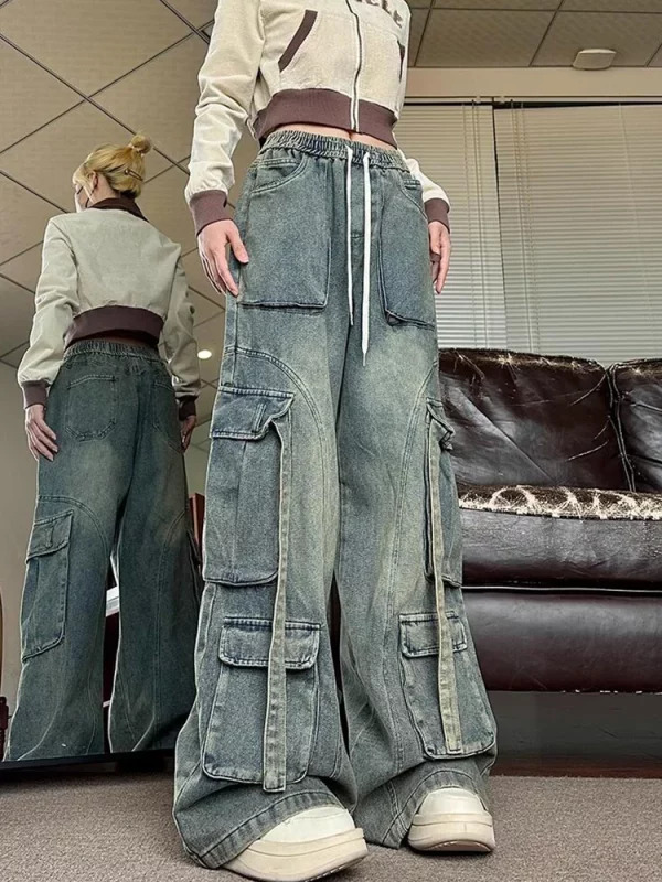 Y2K Aesthetic Vintage Hip-Pop Baggy Wide Leg Cargo Denim Pants - Japanese Fashion Jeans