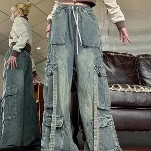 Y2K Aesthetic Vintage Hip-Pop Baggy Wide Leg Cargo Denim Pants - Japanese Fashion Jeans