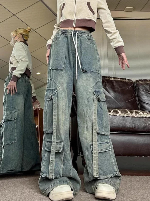 Y2K Aesthetic Vintage Hip-Pop Baggy Wide Leg Cargo Denim Pants - Japanese Fashion Jeans