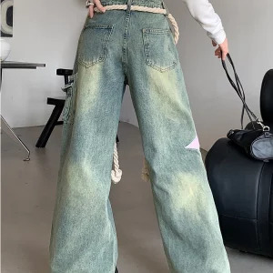 Y2K Aesthetic Vintage Hip-Pop Baggy Wide Leg Star Denim Pants - Women's Streetwear Cyber Punk Gr