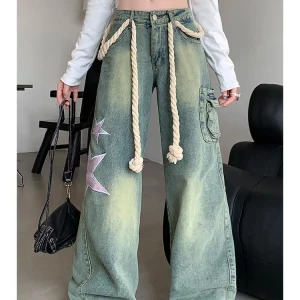 Y2K Aesthetic Vintage Hip-Pop Baggy Wide Leg Star Denim Pants - Women's Streetwear Cyber Punk Gr