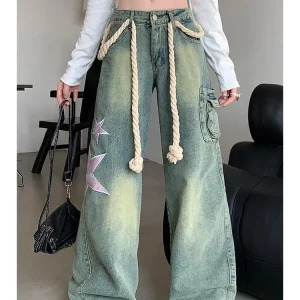 Y2K Aesthetic Vintage Hip-Pop Baggy Wide Leg Star Denim Pants - Women's Streetwear Cyber Punk Gr