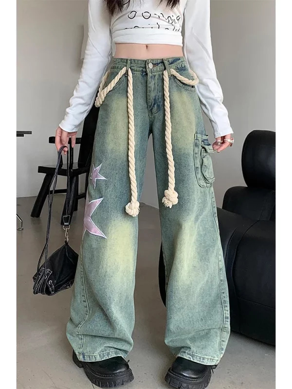 Y2K Aesthetic Vintage Hip-Pop Baggy Wide Leg Star Denim Pants - Women's Streetwear Cyber Punk Gr