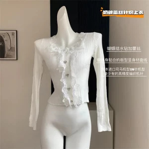 Y2K Aesthetic Vintage Lace Crop Top - Women's Long Sleeve Mori Girl Cardigan T-Shirt