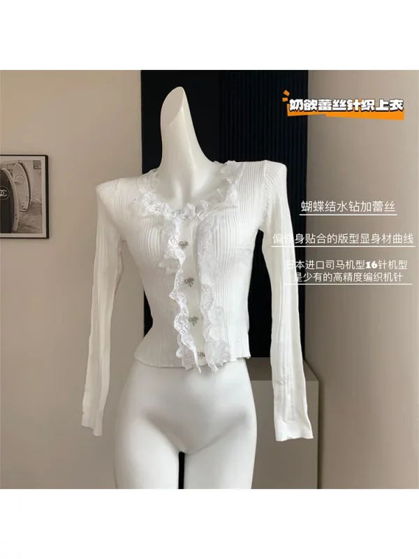 Y2K Aesthetic Vintage Lace Crop Top - Women's Long Sleeve Mori Girl Cardigan T-Shirt