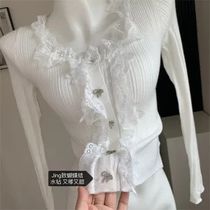 Y2K Aesthetic Vintage Lace Crop Top - Women's Long Sleeve Mori Girl Cardigan T-Shirt