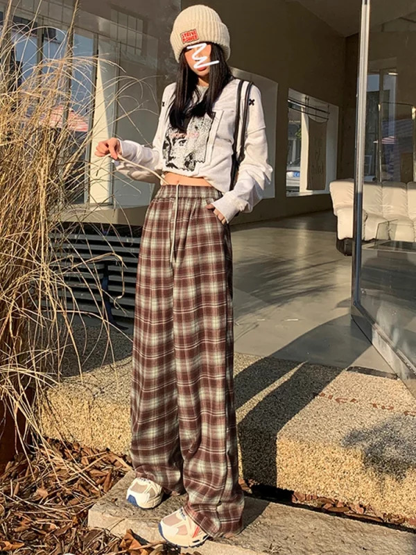 Y2K Aesthetic Vintage Plaid Baggy Joggers - Autumn Women's Grunge Harajuku Fashion