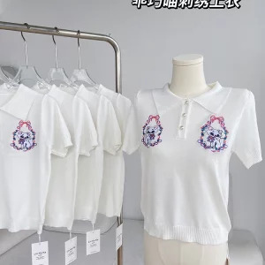 Y2K Aesthetic Vintage Polo Collar T-Shirt - White Embroidered Knit Crop Top