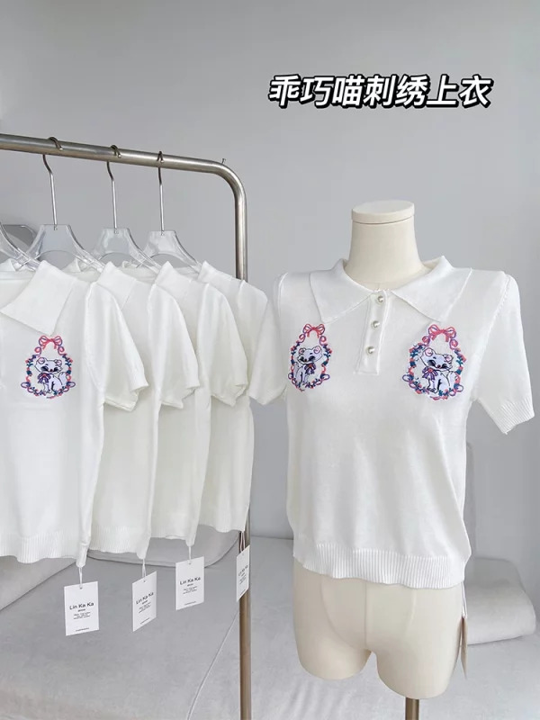 Y2K Aesthetic Vintage Polo Collar T-Shirt - White Embroidered Knit Crop Top