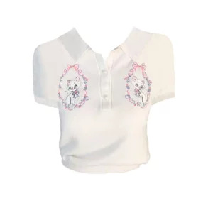 Y2K Aesthetic Vintage Polo Collar T-Shirt - White Embroidered Knit Crop Top