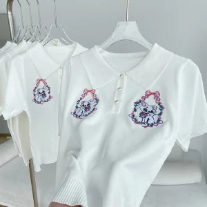 Y2K Aesthetic Vintage Polo Collar T-Shirt - White Embroidered Knit Crop Top