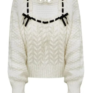 Y2K Aesthetic Vintage Square Collar Sweater - Long Sleeve Knitwear