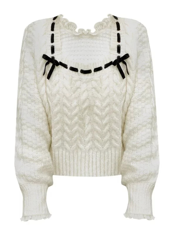 Y2K Aesthetic Vintage Square Collar Sweater - Long Sleeve Knitwear