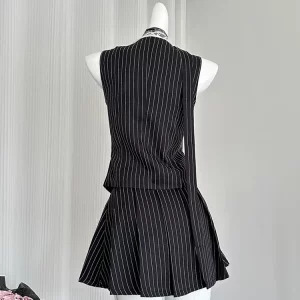 Y2K Aesthetic Women's 2-Piece Set: Striped Lace Vest and Pleated Mini Skirt