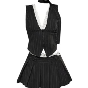 Y2K Aesthetic Women's 2-Piece Set: Striped Lace Vest and Pleated Mini Skirt