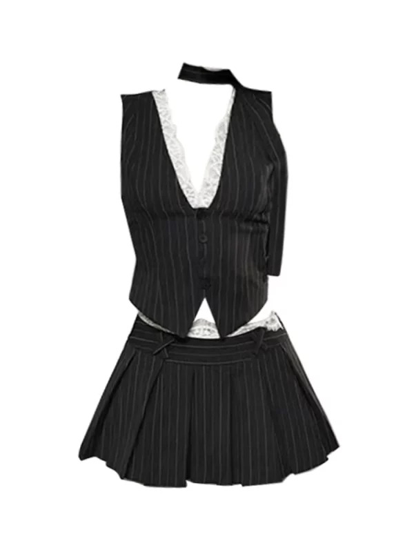 Y2K Aesthetic Women's 2-Piece Set: Striped Lace Vest and Pleated Mini Skirt