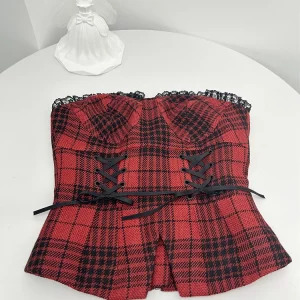 Y2K Aesthetic Women's Plaid Tube Top - Dark Academia Lace Crop Tank - Gyaru Coquette Hot Sexy