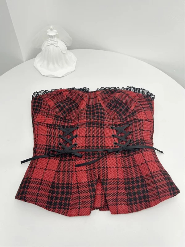 Y2K Aesthetic Women's Plaid Tube Top - Dark Academia Lace Crop Tank - Gyaru Coquette Hot Sexy