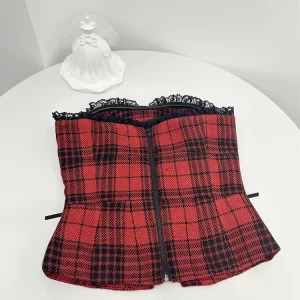 Y2K Aesthetic Women's Plaid Tube Top - Dark Academia Lace Crop Tank - Gyaru Coquette Hot Sexy