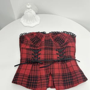 Y2K Aesthetic Women's Plaid Tube Top - Dark Academia Lace Crop Tank - Gyaru Coquette Hot Sexy