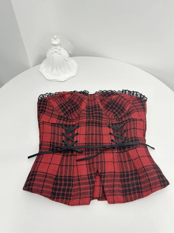 Y2K Aesthetic Women's Plaid Tube Top - Dark Academia Lace Crop Tank - Gyaru Coquette Hot Sexy