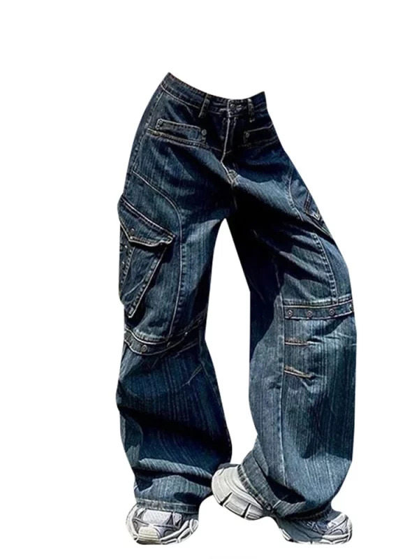 Y2K American Vintage Hip-Pop Baggy Wide Leg Denim Pants - Mom Stacked Jeans for Women