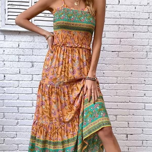 Y2K Backless Ruffle Boho Beach Slip Dress - Sexy Long Floral Summer Outfit for Women