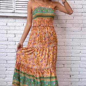 Y2K Backless Ruffle Boho Beach Slip Dress - Sexy Long Floral Summer Outfit for Women