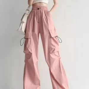 Y2K Baggy Parachute Cargo Pants for Women - Low Waist, Drawstring, Multiple Pockets, 90s Grunge Style