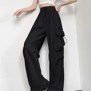 Y2K Baggy Parachute Cargo Pants for Women - Low Waist, Drawstring, Multiple Pockets, 90s Grunge Style