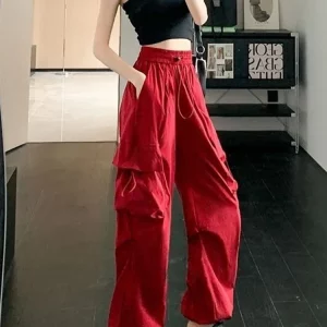 Y2K Baggy Parachute Cargo Pants for Women - Low Waist, Drawstring, Multiple Pockets, 90s Grunge Style