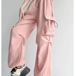 Y2K Baggy Parachute Cargo Pants for Women - Low Waist, Drawstring, Multiple Pockets, 90s Grunge Style