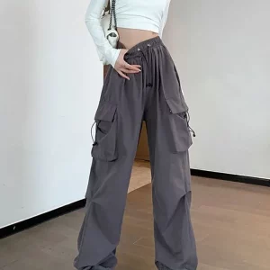 Y2K Baggy Parachute Cargo Pants for Women - Low Waist, Drawstring, Multiple Pockets, 90s Grunge Style