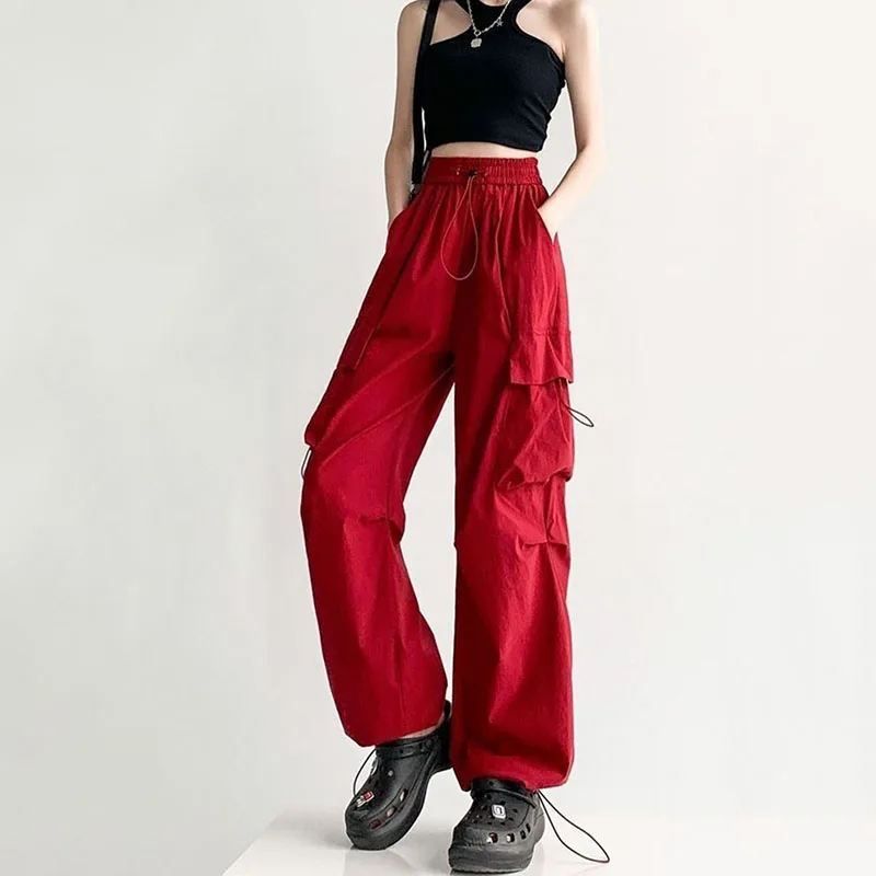 Y2K Baggy Parachute Cargo Pants for Women - Low Waist, Drawstring, Multiple Pockets, 90s Grunge Style