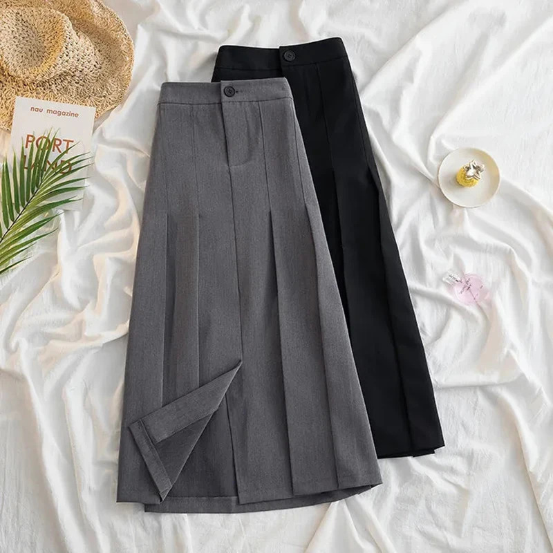 Y2K Black Gray Pleated High-Waist Midi Skirt - 90s Grunge Japanese Style Streetwear