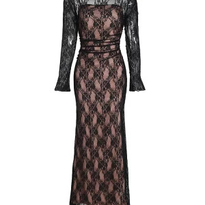 Y2K Black Lace Maxi Dress - Elegant Summer Formal Occasion Outfit, 2-Piece Set, Retro 90s Fashion