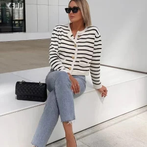 Y2K Black & White Striped Sweater Cardigan - 90s Grunge Fashion Long Sleeve Knit