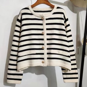 Y2K Black & White Striped Sweater Cardigan - 90s Grunge Fashion Long Sleeve Knit