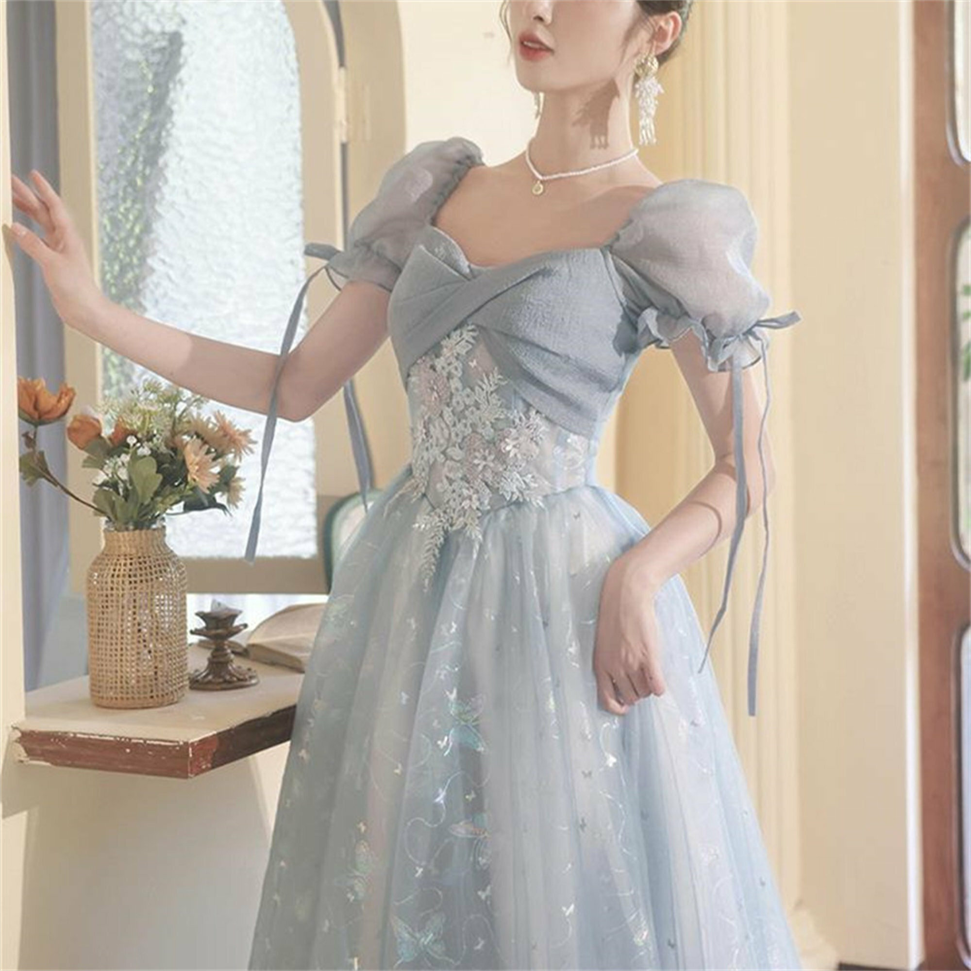 Y2K Blue Bow Princess Dress, Backless Lace-Up Fairy Dress, Elegant Quinceanera & Party Dress