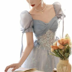 Y2K Blue Bow Princess Dress, Backless Lace-Up Fairy Dress, Elegant Quinceanera & Party Dress