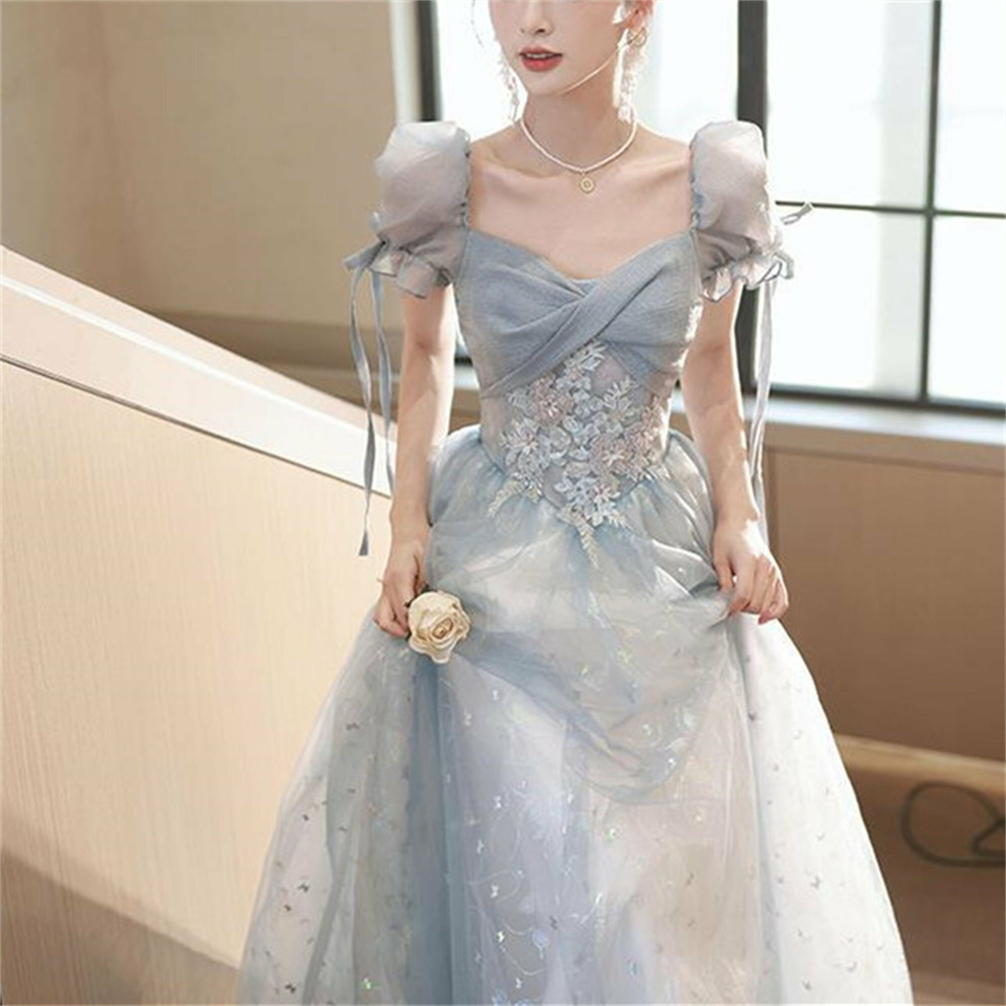 Y2K Blue Bow Princess Dress, Backless Lace-Up Fairy Dress, Elegant Quinceanera & Party Dress