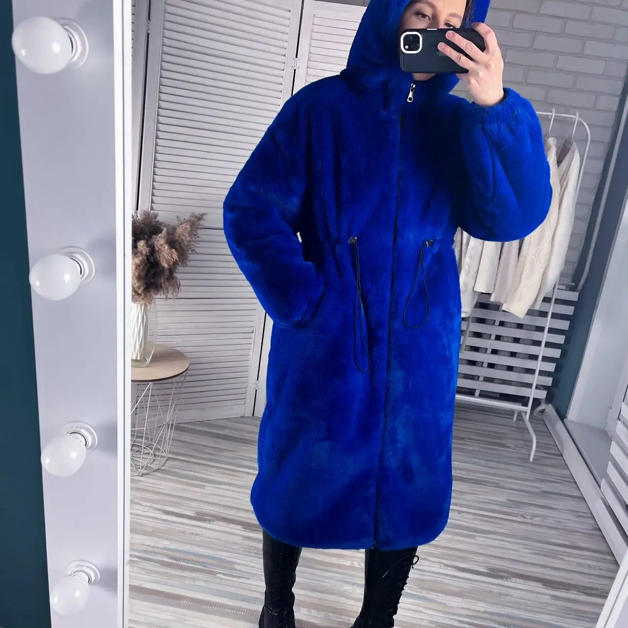 Y2K Blue Fluffy Faux Fur Coat - Oversized, Warm, Hooded, Retro 90s Grunge Winter Fashion