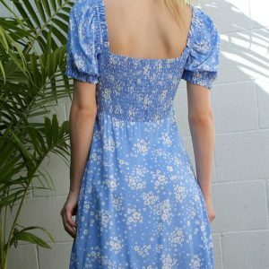 Y2K Blue Rose Petal Puff Sleeve Dress - Floral Spring Outfit, Summer Chic, Dress to Impress