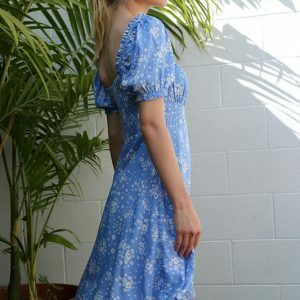 Y2K Blue Rose Petal Puff Sleeve Dress - Floral Spring Outfit, Summer Chic, Dress to Impress