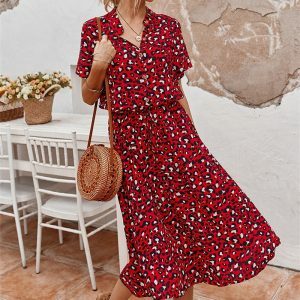 Y2K Bohemian Leopard Print Midi Dress - Casual Summer A-line Shirt Dress for Women