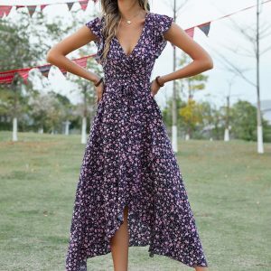 Y2K Bohemian Sleeveless V Neck Floral Print Asymmetrical Maxi Dress - Elegant Summer Fashion