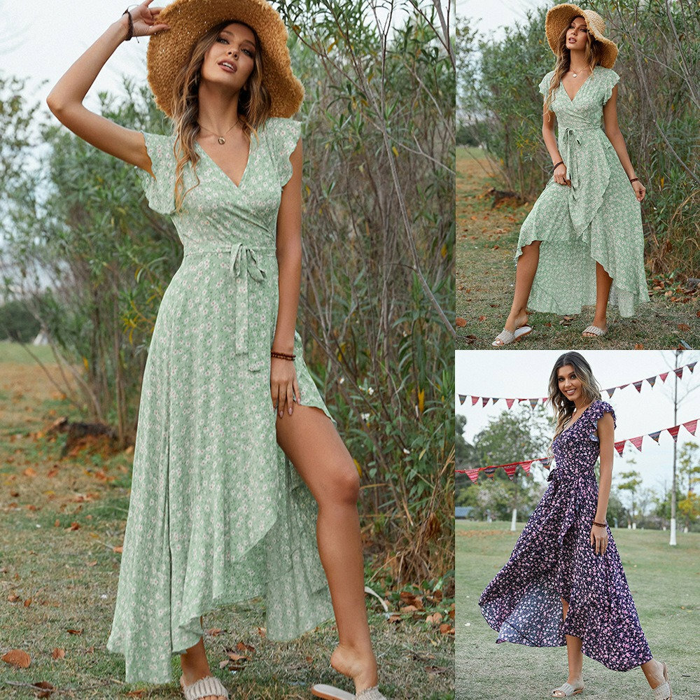 Y2K Bohemian Sleeveless V Neck Floral Print Asymmetrical Maxi Dress - Elegant Summer Fashion