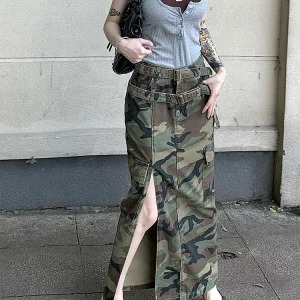 Y2K Camouflage Slit Midi Skirt - Vintage Grunge High Waist Denim - Baddie Style