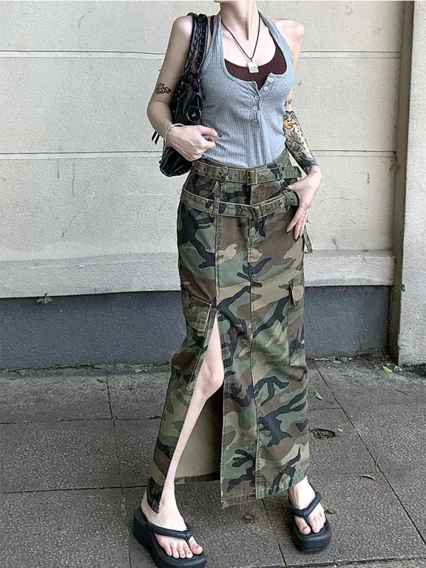 Y2K Camouflage Slit Midi Skirt - Vintage Grunge High Waist Denim - Baddie Style